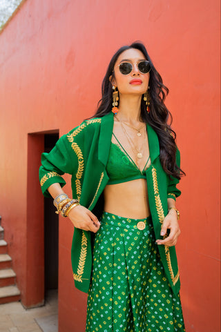 Jacket Set for Indian Wedding - Green Bandhani Trouser and Jacket Set by The Little Black Bow at Mrs. G