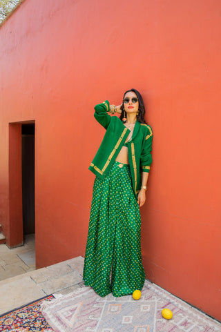 Jacket Set for Indian Wedding - Green Bandhani Trouser and Jacket Set by The Little Black Bow at Mrs. G