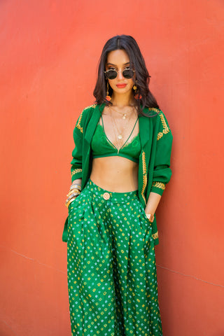 Jacket Set for Indian Wedding - Green Bandhani Trouser and Jacket Set by The Little Black Bow at Mrs. G