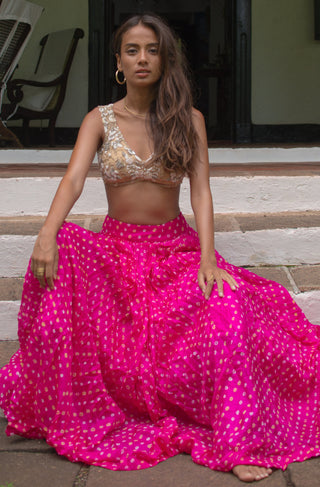 Lehenga Set for Indian Wedding - Pink Bandhani Nude Embroidered Lehenga Set by The Little Black Bow at Mrs. G