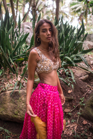 Lehenga Set for Indian Wedding - Pink Bandhani Nude Embroidered Lehenga Set by The Little Black Bow at Mrs. G