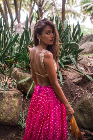 Lehenga Set for Indian Wedding - Pink Bandhani Nude Embroidered Lehenga Set by The Little Black Bow at Mrs. G