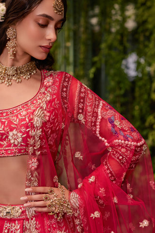 Lehenga Set for Indian Wedding - Red Chardi Kala Mayura Lehenga Set by Jigar and Nikita at Mrs. G