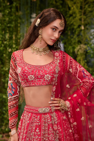 Lehenga Set for Indian Wedding - Red Chardi Kala Mayura Lehenga Set by Jigar and Nikita at Mrs. G