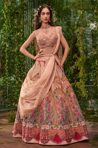 Lehenga Set for Indian Wedding - Peach Chardi Kala Gulnaar Lehenga Set by Jigar and Nikita at Mrs. G