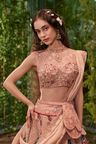 Lehenga Set for Indian Wedding - Peach Chardi Kala Gulnaar Lehenga Set by Jigar and Nikita at Mrs. G