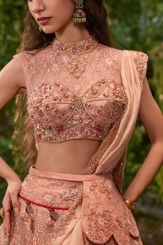 Lehenga Set for Indian Wedding - Peach Chardi Kala Gulnaar Lehenga Set by Jigar and Nikita at Mrs. G