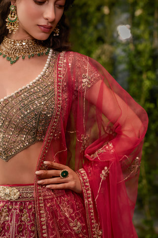 Close-up of the pearl-edged neckline, tulle dupatta border and embroidered waistband by Jigar and Nikita at Mrs. G