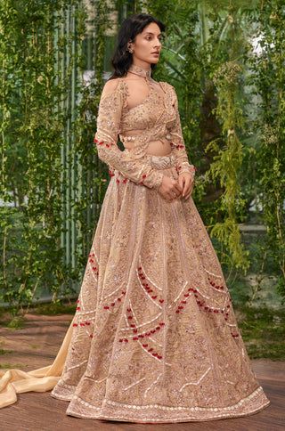 Lehenga Set for Indian Wedding - Beige Chardi Kala Hast Milap Lehenga Set by Jigar and Nikita at Mrs. G
