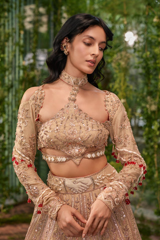 Lehenga Set for Indian Wedding - Beige Chardi Kala Hast Milap Lehenga Set by Jigar and Nikita at Mrs. G