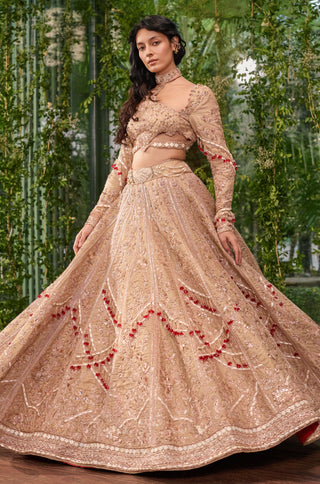 Lehenga Set for Indian Wedding - Beige Chardi Kala Hast Milap Lehenga Set by Jigar and Nikita at Mrs. G