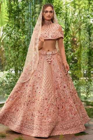 Lehenga Set for Indian Wedding - Peach Chardi Kala Prakriti Éclat Lehenga Set by Jigar and Nikita at Mrs. G