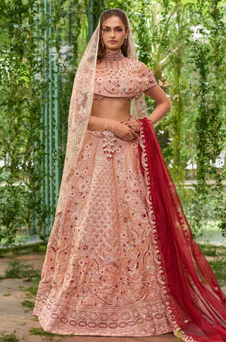 Lehenga Set for Indian Wedding - Peach Chardi Kala Prakriti Éclat Lehenga Set by Jigar and Nikita at Mrs. G