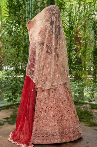 Lehenga Set for Indian Wedding - Peach Chardi Kala Prakriti Éclat Lehenga Set by Jigar and Nikita at Mrs. G