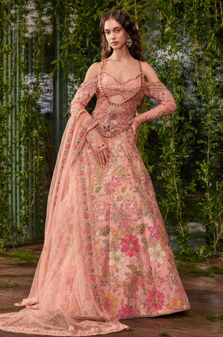 Lehenga Set for Indian Wedding - Peach Chardi Kala Tarini Lehenga Set by Jigar and Nikita at Mrs. G