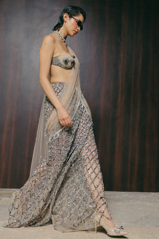 Zardozi Saree Set for Indian Wedding - Beige Grace Zardosi by The Little Black Bow