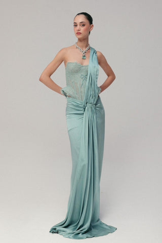 Blue Pre-Draped Saree - Indian Wedding - Chitra Lace Set by The Little Black Bow