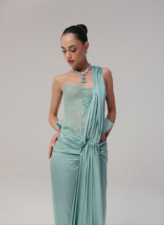 Blue Pre-Draped Saree - Indian Wedding - Chitra Lace Set by The Little Black Bow