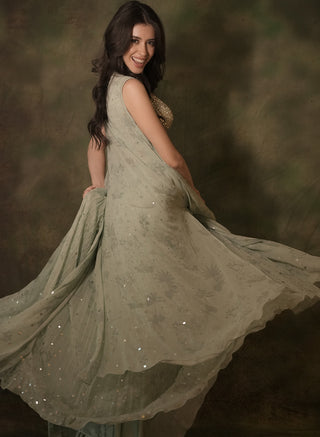 Pastel green mirror jacket and lehenga set