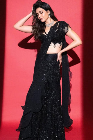 Draped lehenga for Indian Wedding – Shimmering Black Sangeet by Archana Kochhar