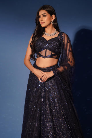 Blue lehenga for Indian Wedding – Midnight Corset Sangeet by Archana Kochhar