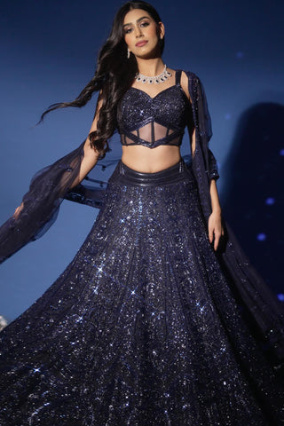 Blue lehenga for Indian Wedding – Midnight Corset Sangeet by Archana Kochhar