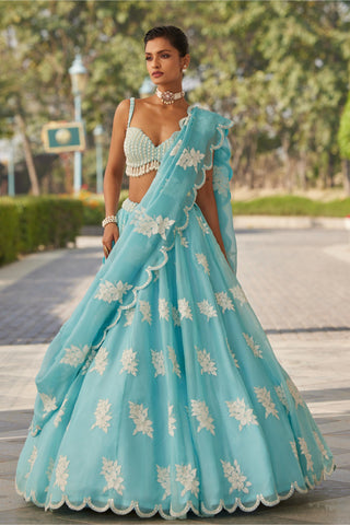 Blue gul flower lehenga set