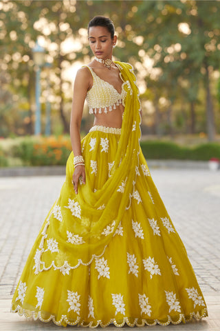 Green gul flower lehenga set