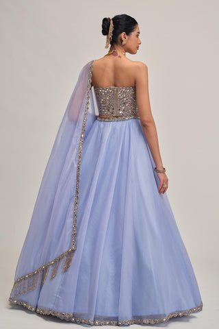 organza corset lehenga set for Indian Wedding - Blue Modern Maharani Corset by Vvani by Vani Vats