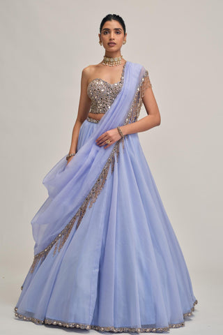 organza corset lehenga set for Indian Wedding - Blue Modern Maharani Corset by Vvani by Vani Vats