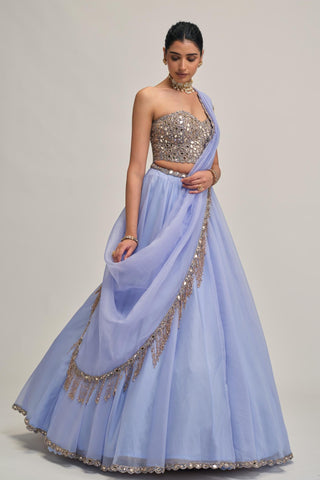 organza corset lehenga set for Indian Wedding - Blue Modern Maharani Corset by Vvani by Vani Vats