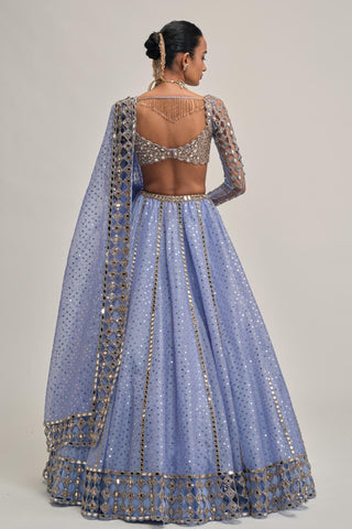 blue mirror work lehenga set for Indian Wedding - Modern Maharani Mirror by Vvani by Vani Vats
