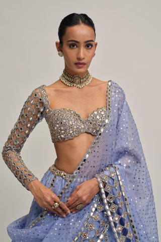 blue mirror work lehenga set for Indian Wedding - Modern Maharani Mirror by Vvani by Vani Vats
