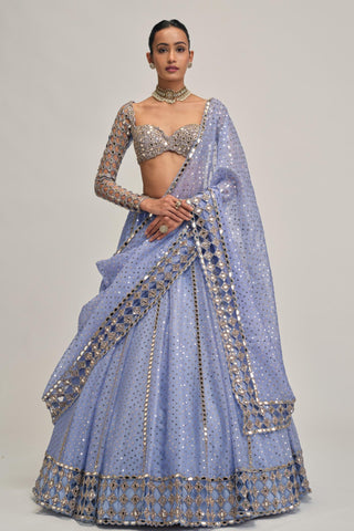 blue mirror work lehenga set for Indian Wedding - Modern Maharani Mirror by Vvani by Vani Vats