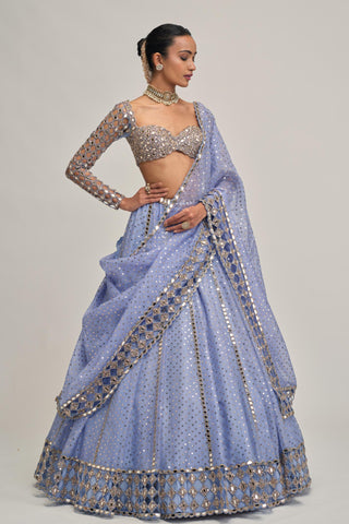 blue mirror work lehenga set for Indian Wedding - Modern Maharani Mirror by Vvani by Vani Vats