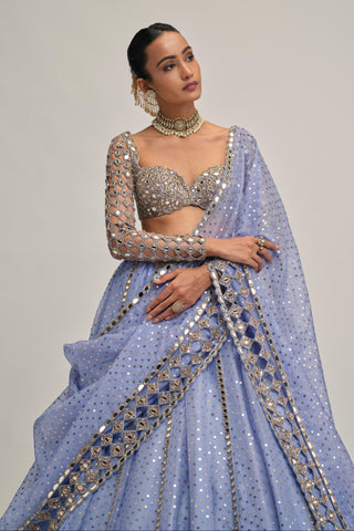 blue mirror work lehenga set for Indian Wedding - Modern Maharani Mirror by Vvani by Vani Vats