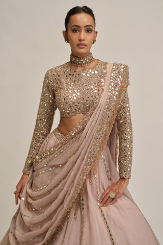 pink linear mirror lehenga set for Indian Wedding - Modern Maharani Linear Mirror by Vvani by Vani Vats