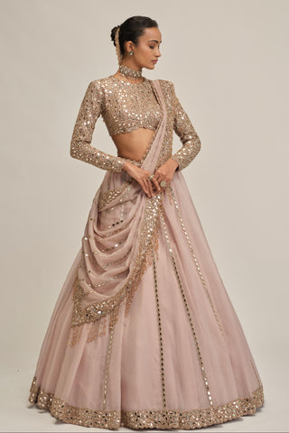 pink linear mirror lehenga set for Indian Wedding - Modern Maharani Linear Mirror by Vvani by Vani Vats