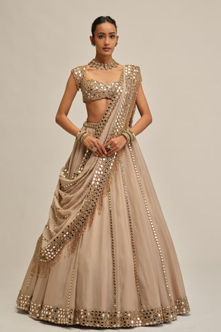 Mirror Lehenga Set - Indian Wedding - Beige Modern Maharani Linear by Vvani by Vani Vats