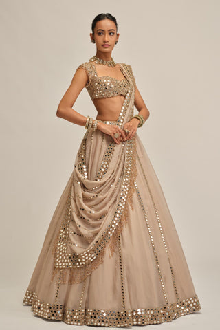 Mirror Lehenga Set - Indian Wedding - Beige Modern Maharani Linear by Vvani by Vani Vats