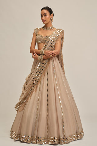 Mirror Lehenga Set - Indian Wedding - Beige Modern Maharani Linear by Vvani by Vani Vats