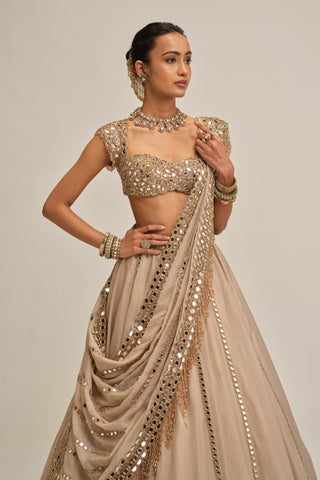 Mirror Lehenga Set - Indian Wedding - Beige Modern Maharani Linear by Vvani by Vani Vats
