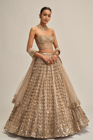 corset lehenga set - Indian Wedding - Beige Modern Maharani Big Mirror by Vvani by Vani Vats