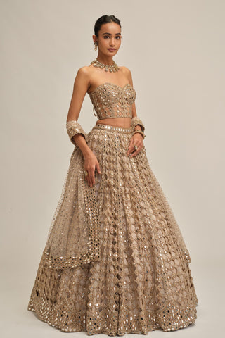 corset lehenga set - Indian Wedding - Beige Modern Maharani Big Mirror by Vvani by Vani Vats
