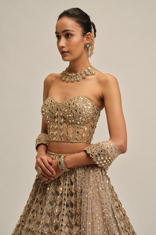 corset lehenga set - Indian Wedding - Beige Modern Maharani Big Mirror by Vvani by Vani Vats