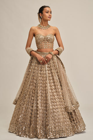 corset lehenga set - Indian Wedding - Beige Modern Maharani Big Mirror by Vvani by Vani Vats