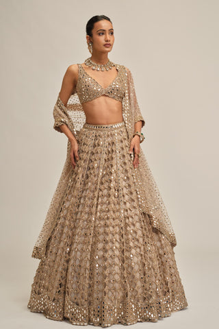 lehenga set - Indian Wedding - Beige Modern Maharani Diamond Mirror by Vvani by Vani Vats
