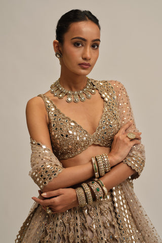 lehenga set - Indian Wedding - Beige Modern Maharani Diamond Mirror by Vvani by Vani Vats