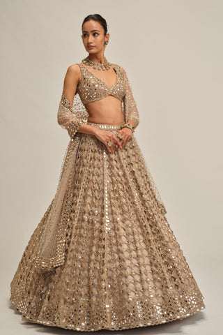 lehenga set - Indian Wedding - Beige Modern Maharani Diamond Mirror by Vvani by Vani Vats