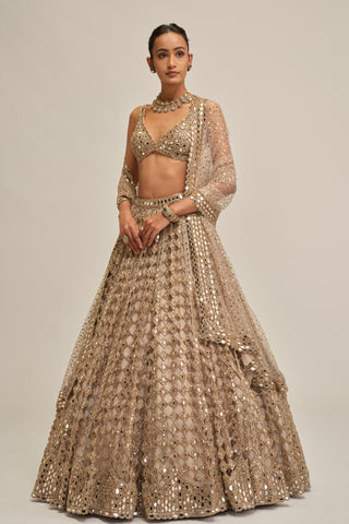 lehenga set - Indian Wedding - Beige Modern Maharani Diamond Mirror by Vvani by Vani Vats